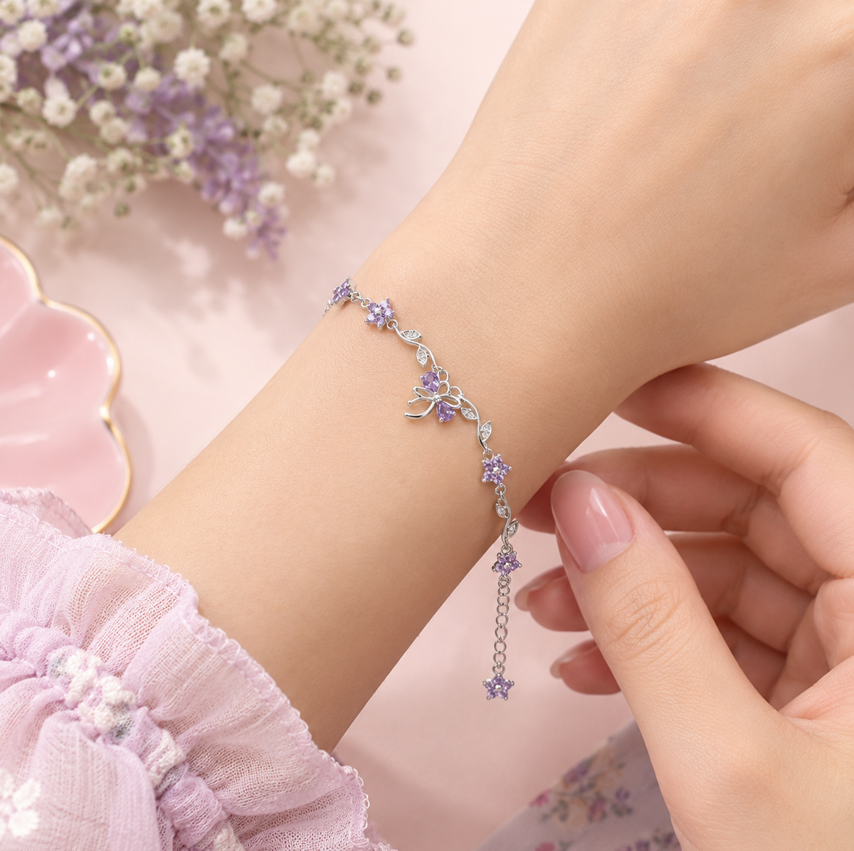 Elegant Floral Bow Bracelet – Silver & Lavender Crystal Charm