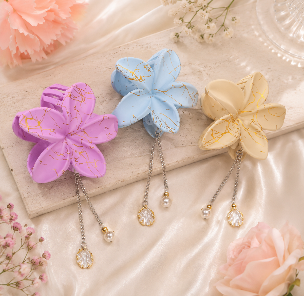 Large Flower Hair Claw Clip with Pearl Chain