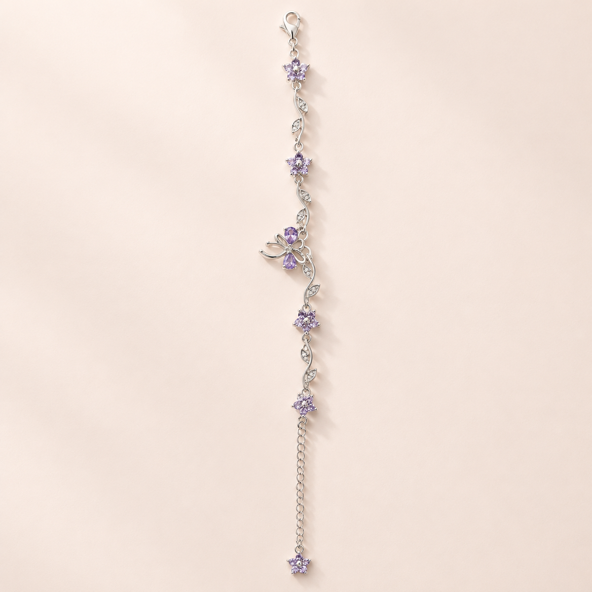 Elegant Floral Bow Bracelet – Silver & Lavender Crystal Charm