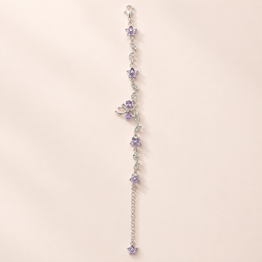 Elegant Floral Bow Bracelet – Silver & Lavender Crystal Charm