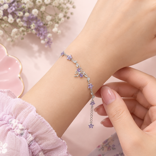 Elegant Floral Bow Bracelet – Silver & Lavender Crystal Charm