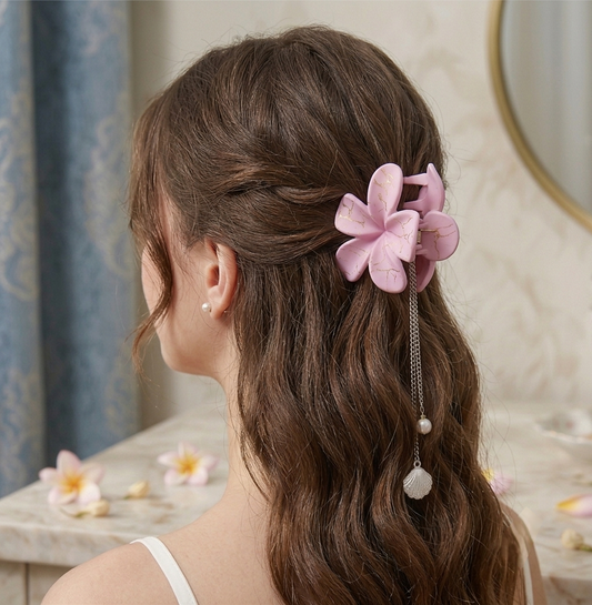 Large Flower Hair Claw Clip with Pearl Chain